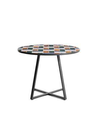 Table ronde Tella en acier galvanisé graphite et carreaux multicolores Ø120 cm