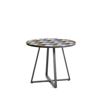 Table ronde Tella en acier galvanisé graphite et carreaux multicolores Ø90 cm