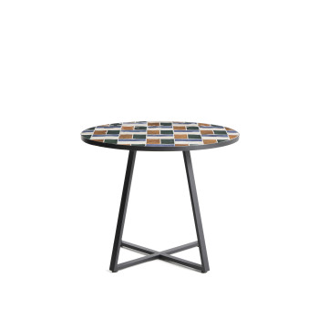 Table ronde Tella en acier galvanisé graphite et carreaux multicolores Ø90 cm