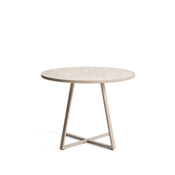 Table ronde Tella en acier galvanisé gris tourterelle et carreaux beiges, Ø120 cm
