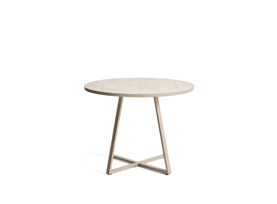 Table ronde Tella en acier galvanisé gris tourterelle et carreaux beiges, Ø120 cm