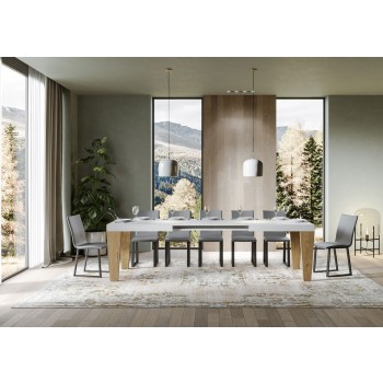 Table Spimbo Mix - Table extensible 90x160/420 cm Spimbo Mix avec plateau en frêne blanc et pieds en noyer